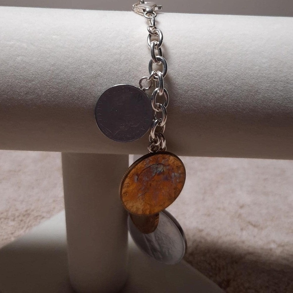 Charm coin bracelet with Italian liras in sterling silver 8 inches